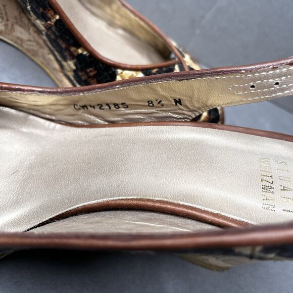 STUART WEITZMAN Leopard Wedges Women Sz 8.5N Sling Back Tan Black Peep Toe Heels - Picture 4 of 9